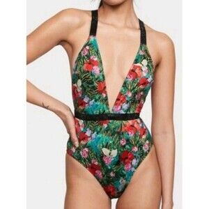 Victoria's Secret Shine Strap Swimsuit Plunge One Piece Tropical Floral Sz XL